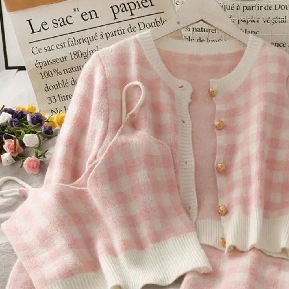 yesstyle plaid pink set cardigan + top